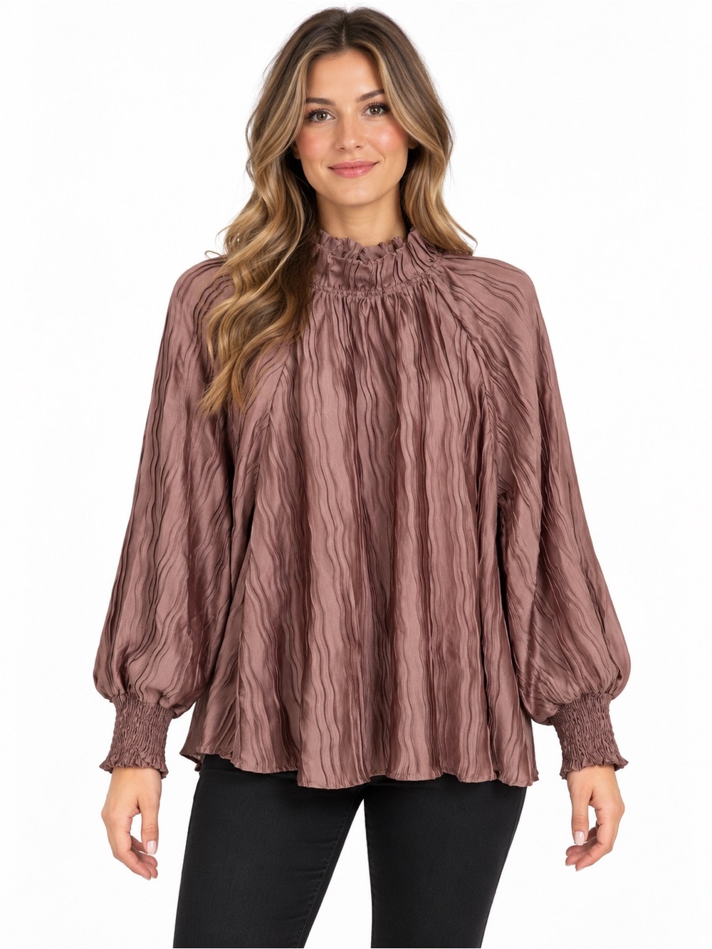Glam Women’s Mauve Textured Pleated Ruffle Neck Blouse Medium